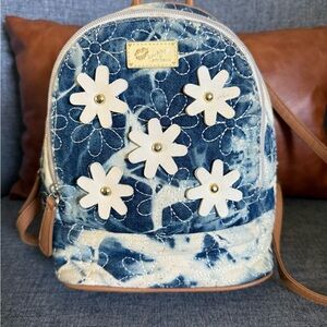 Betsey Johnson Luv Betsey Denim Mini Backpack Quilted Flowers Blue White